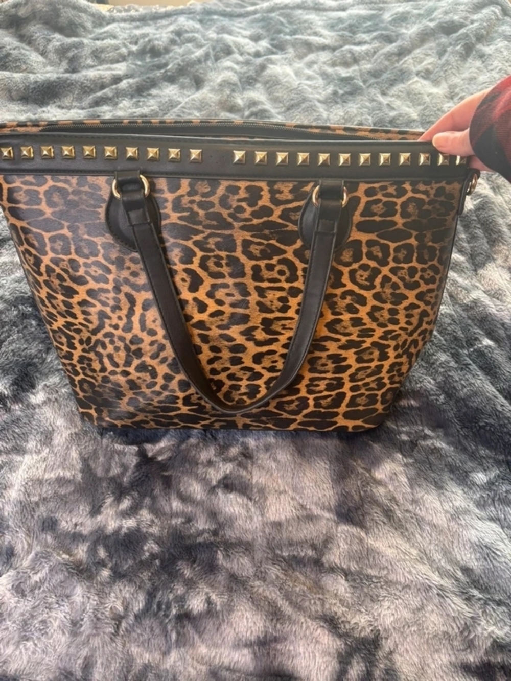 Leopard Print Tote with Black Handles and Gold Stud Accents - Picture 5 of 5